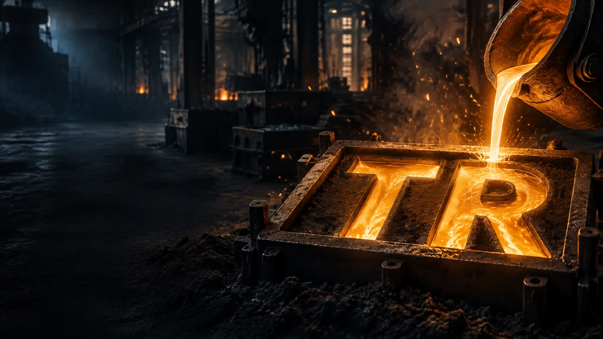 The TextRoots logo being cast from iron in a foundry.